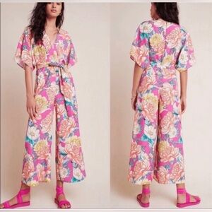 Farm Rio Eulalie Anthropologie Floral V Neck Wide Leg Jumpsuit Pink Size L